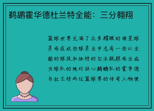 鹈鹕霍华德杜兰特全能：三分翱翔