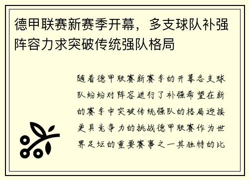 德甲联赛新赛季开幕，多支球队补强阵容力求突破传统强队格局