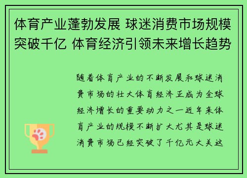 体育产业蓬勃发展 球迷消费市场规模突破千亿 体育经济引领未来增长趋势