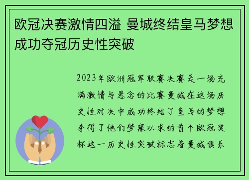 欧冠决赛激情四溢 曼城终结皇马梦想成功夺冠历史性突破